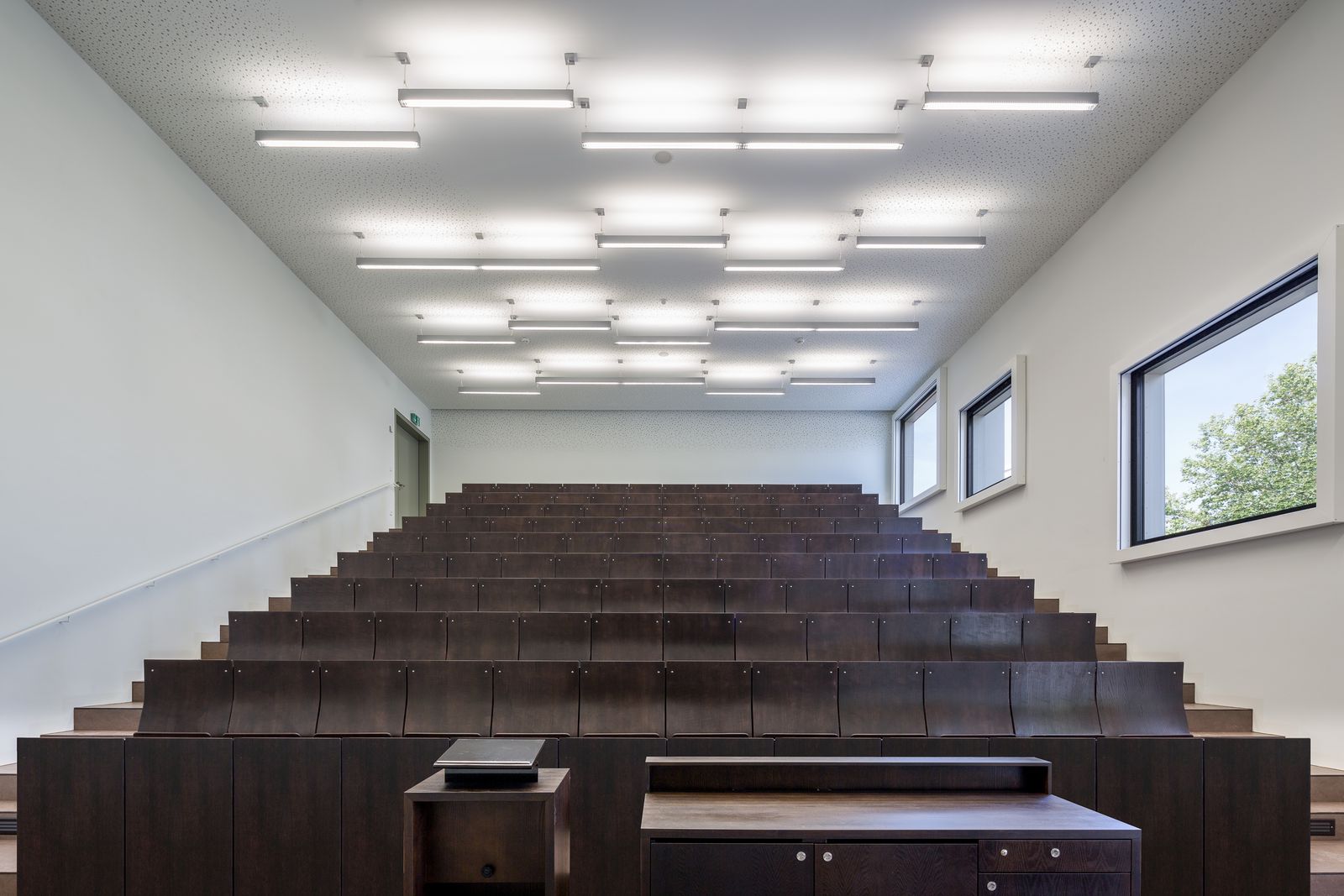 Hörsaalmöbel aus dunklem Holz, ansteigende Sitzreihen in einer Hochschule