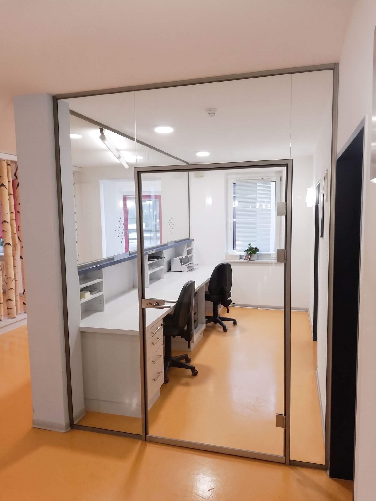 Verglaste Bürozelle mit Glastür und weißem Schreibtisch nach Maß, Blick durch die Trennwand ins Büro